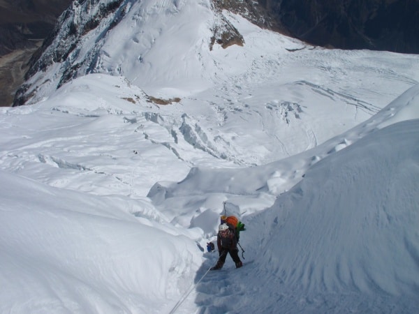 Load carrying to Camp 2 on Manaslu in the Nepal himalaya