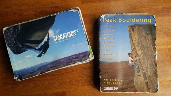 Front cover of two Peak District Bouldering Guidebooks for comparison. Rockfax's Peak Bouldering and Vertebrate Publishing's Peak District Bouldering