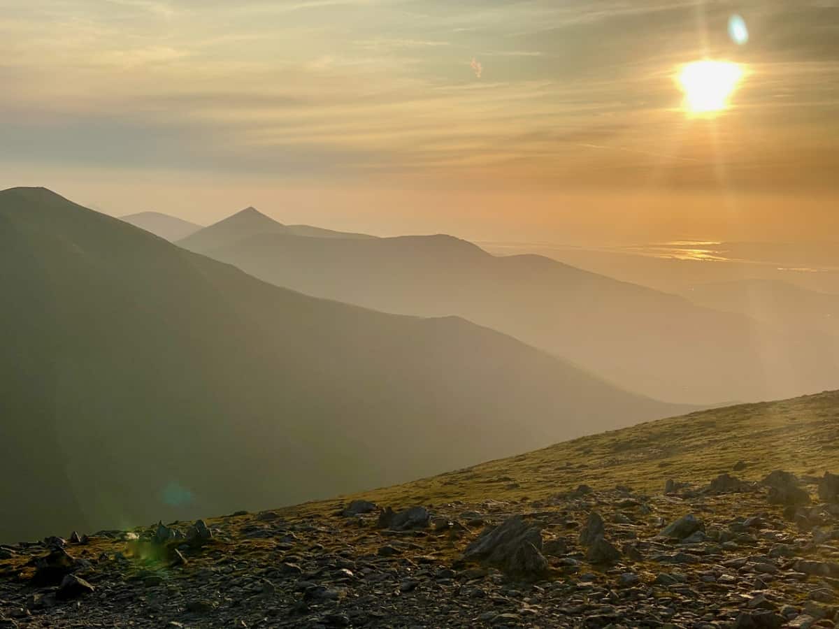 Sunset view of Snowdonia from Carnedd Dafydd on a Guided hillwalking course in Snowdonia.
