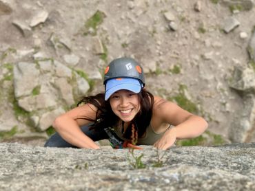 A young lady on a rock climbing course in the Peak District