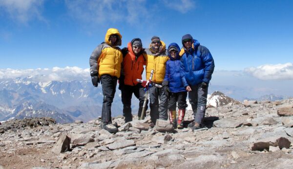 Aconcagua summit. Everyone in down jackets.