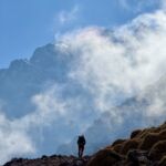 A man walking in the Atlas mountains in Morocco on the approach to Toubkal in winter.