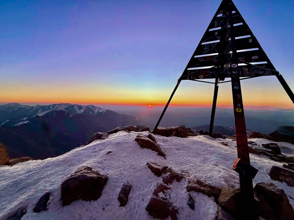 Toubkal Summit sunrise on a winter Toubkal climb.