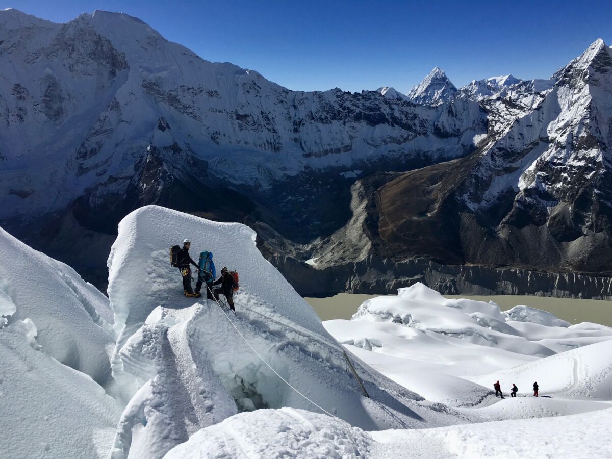 Fixed ropes on the icefall on Island Peak in Nepal.