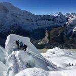Fixed ropes on the icefall on Island Peak in Nepal.