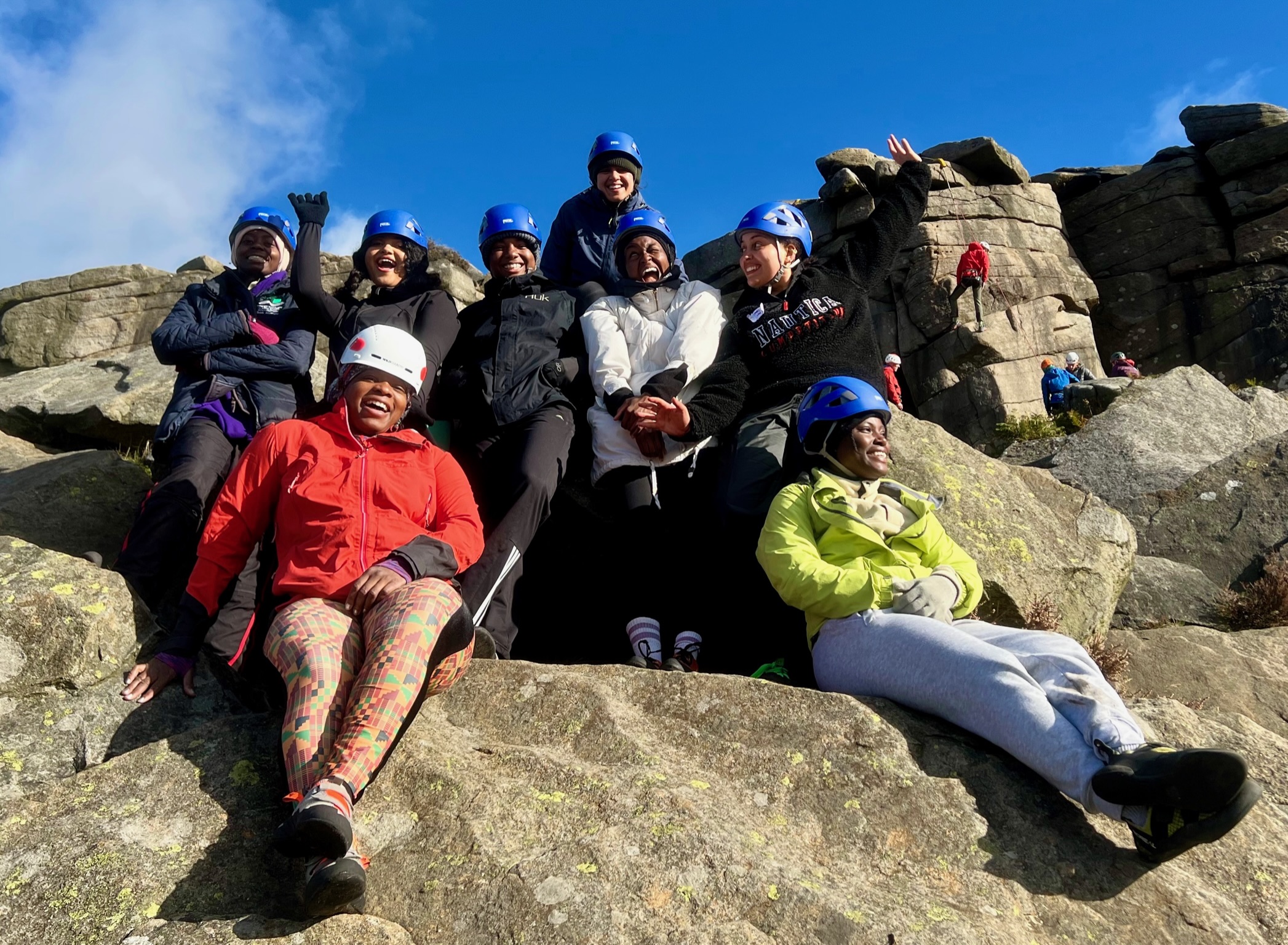 A group of ladies on Burbage edge whilst on a rock climbing course in the Peak District.