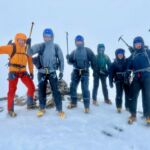 A group celebrate a successful summit whilst on a winter mountaineering course.