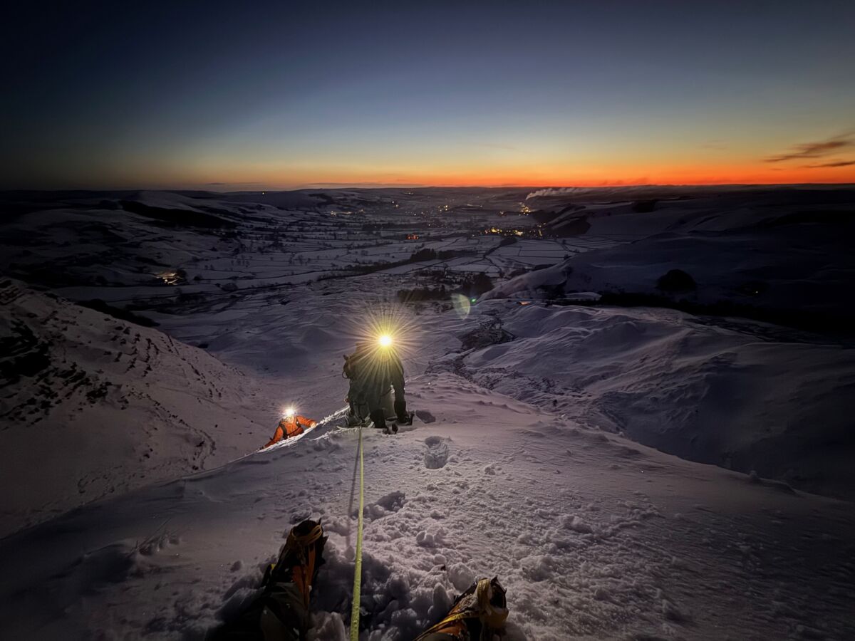 Sunrise in the Peak District whilst winter mountaineering on Mam Tor.