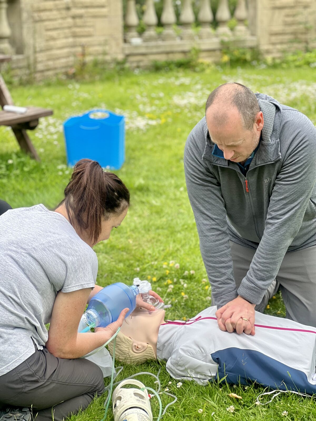 CPR and oxygen administration during an advanced first aid course.