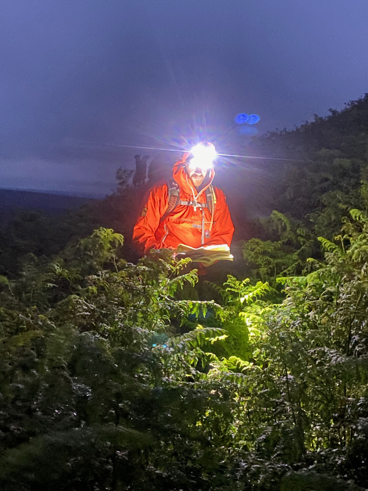 A man walking in bracken at night practicing Advanced navigation.