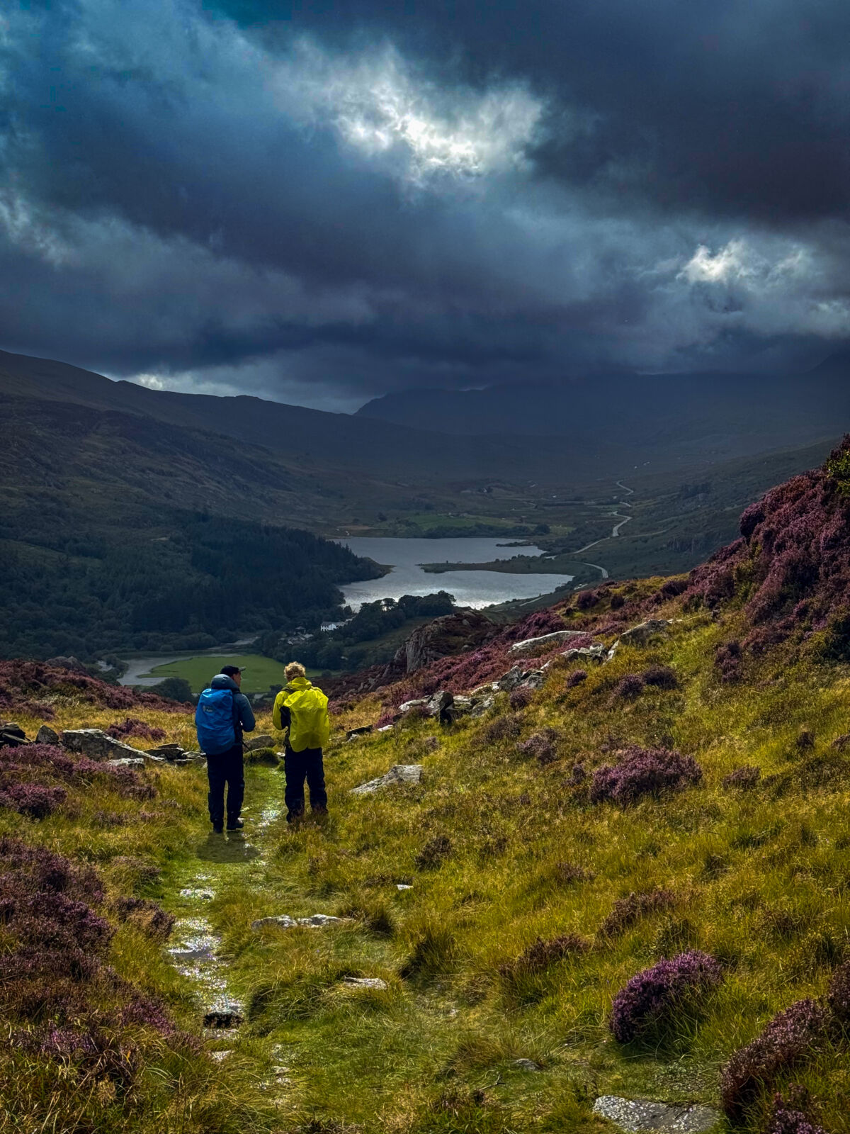Two men look towards Snowden whilst practicing navigation on a mountain skills course.